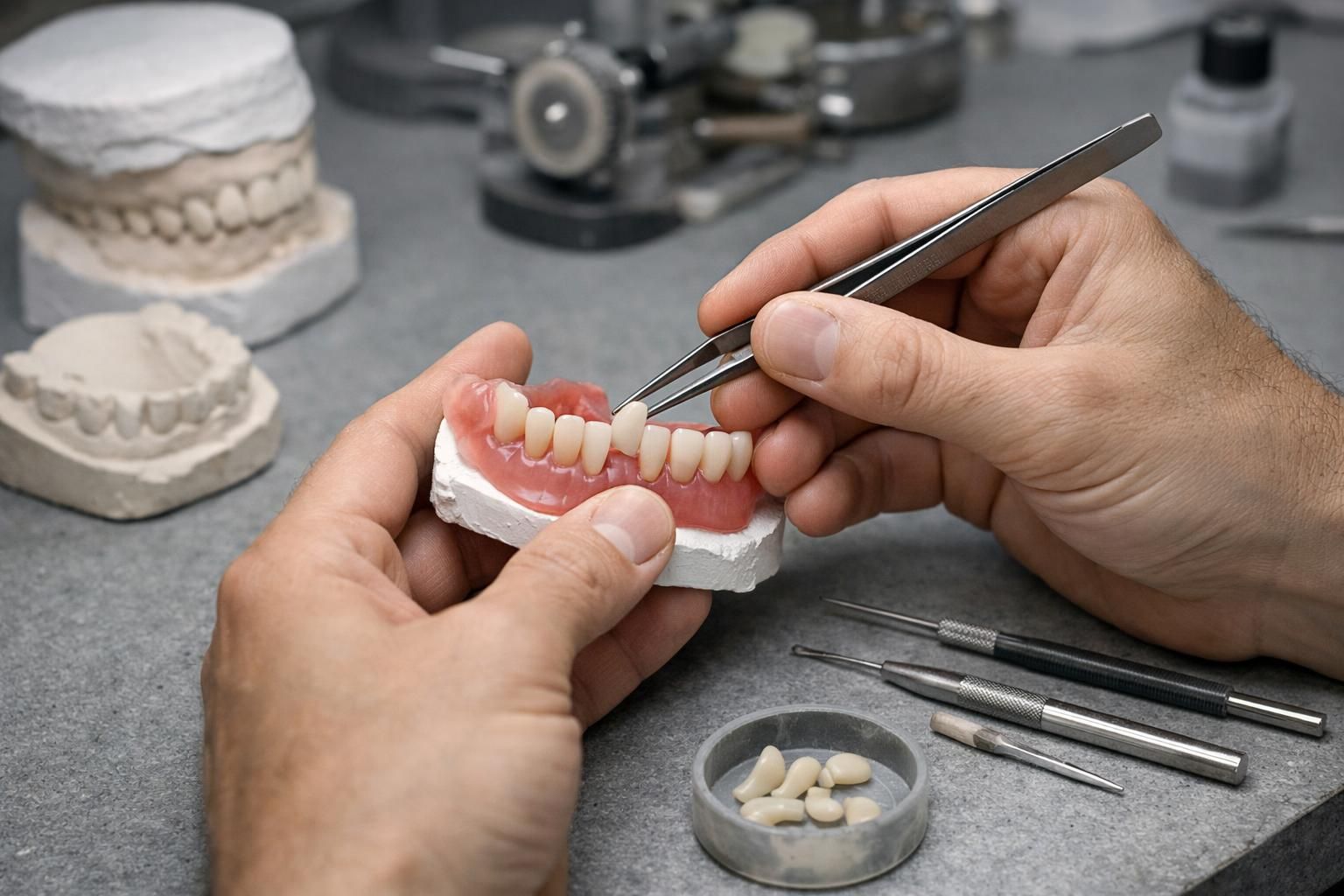 Prothésiste refixant une dent en résine sur un dentier à l'établi