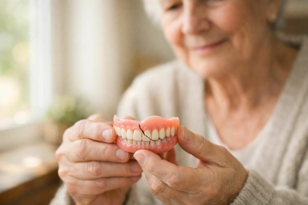 Senior tenant un dentier complet fendu près d'une fenêtre lumineuse