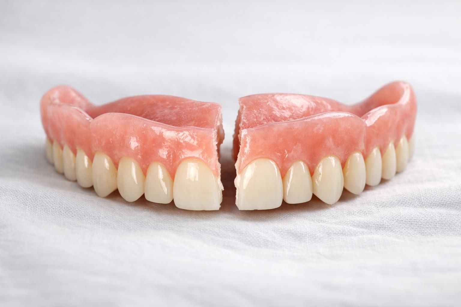 Dentier complet en résine cassé en deux le long de la ligne médiane