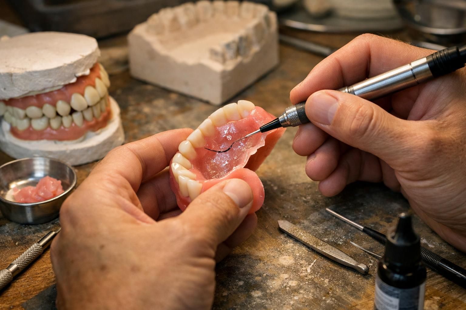 Prothésiste comblant une fissure sur une prothèse en résine au laboratoire