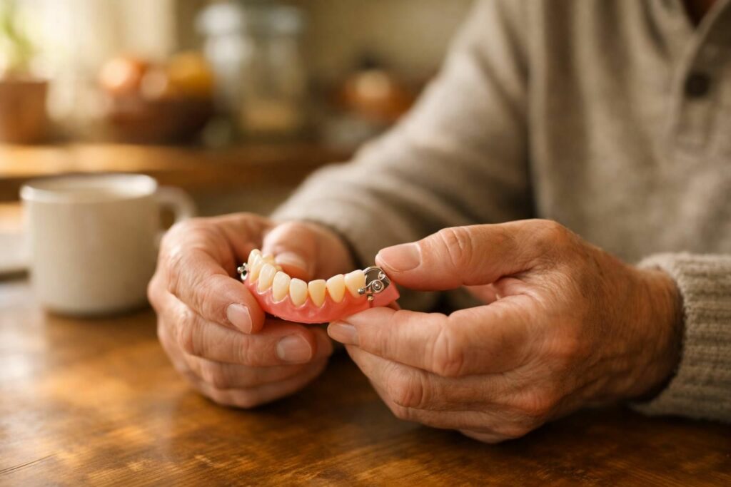 Senior tenant une prothèse partielle amovible à crochets métalliques à la maison