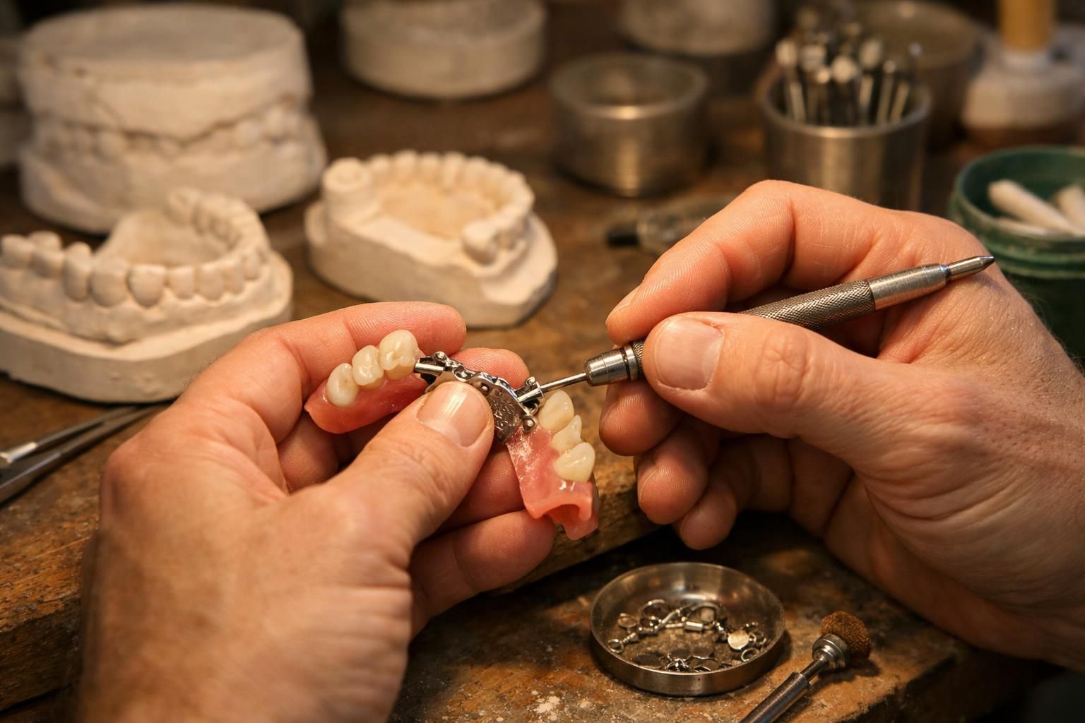 Prothésiste remplaçant le crochet d'une prothèse partielle à l'établi du laboratoire