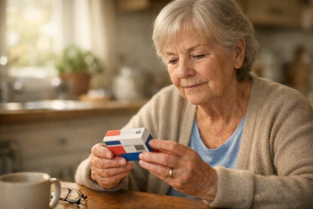 Senior examinant une boîte de kit de réparation de dentier de pharmacie