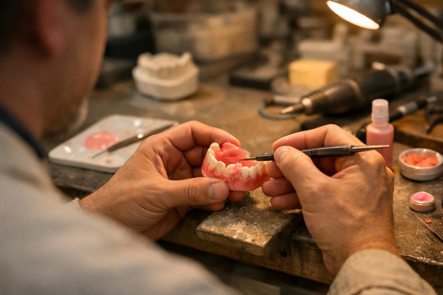 Prothésiste réparant proprement un dentier au laboratoire dentaire