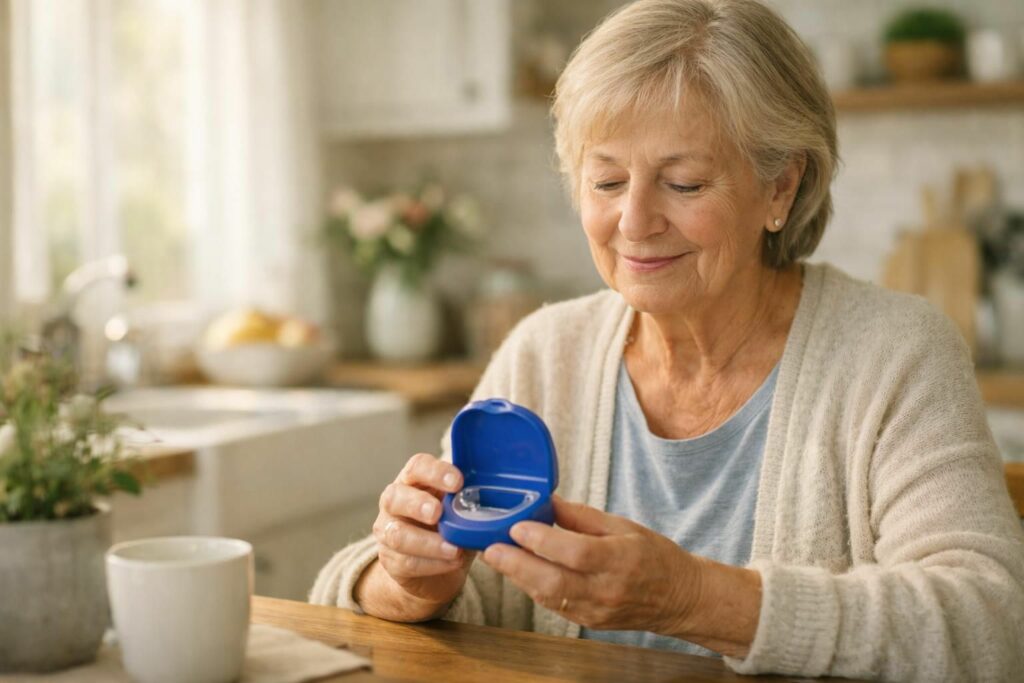 Senior tenant une boîte à prothèse dentaire dans sa cuisine lumineuse