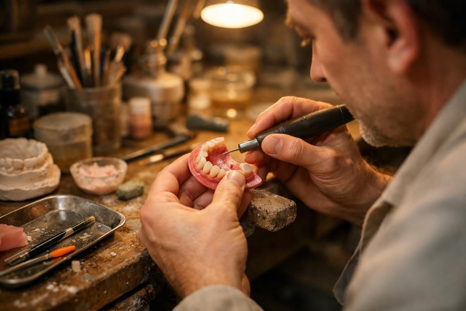 Prothésiste réparant une prothèse dentaire amovible à l'établi du laboratoire