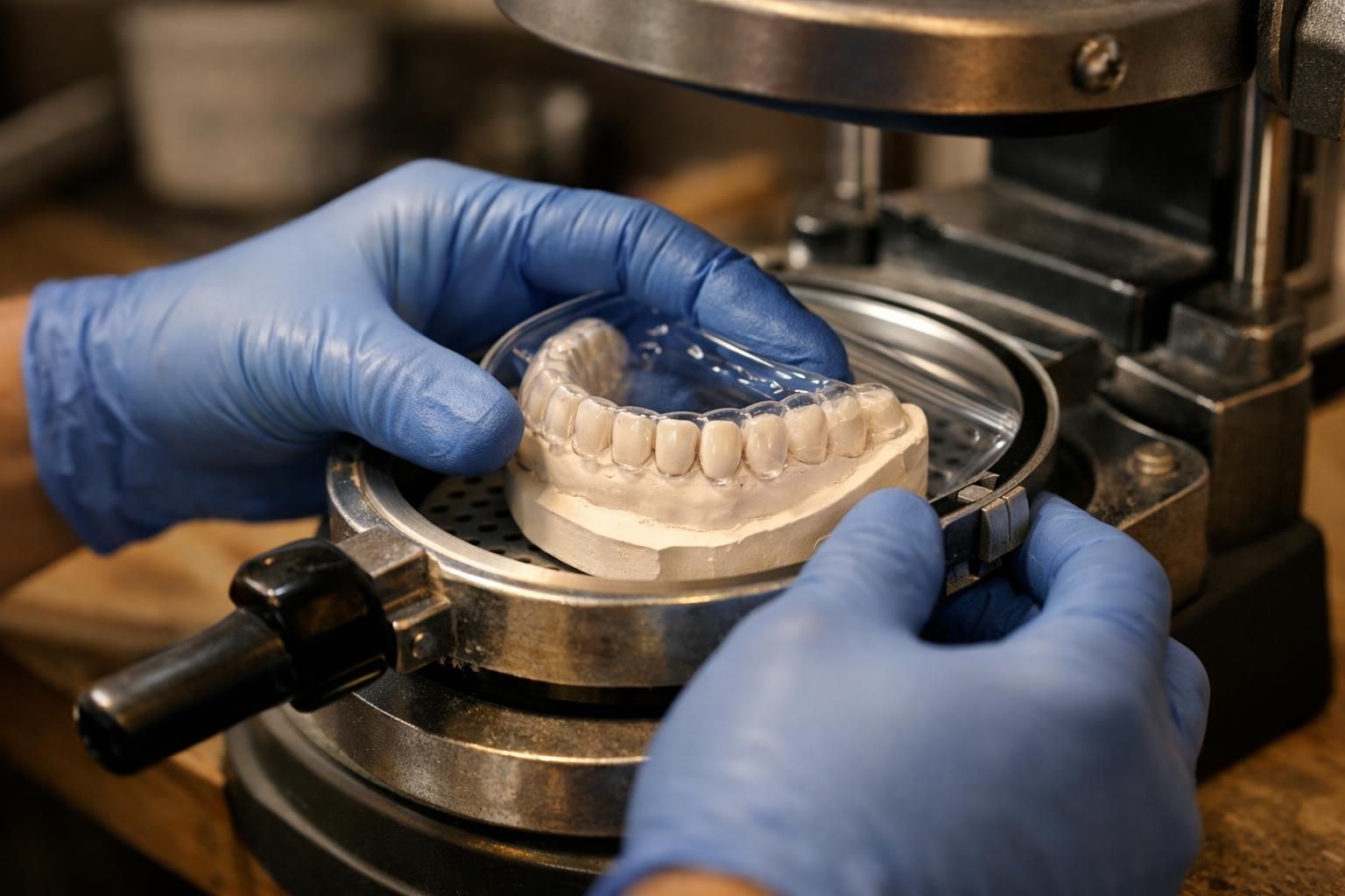 Prothésiste fabriquant une gouttière personnalisée au laboratoire dentaire