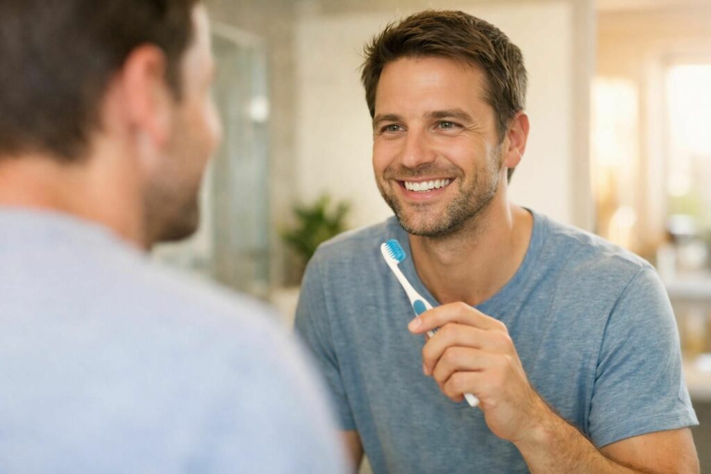Personne souriante se brossant les dents à la maison pour un sourire sain