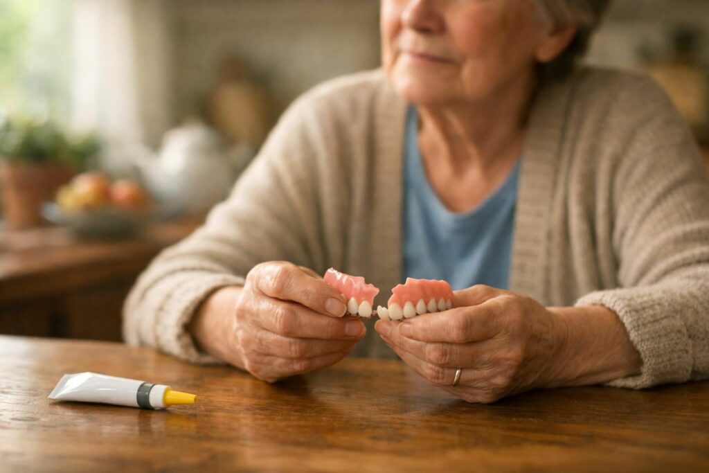 Senior réfléchissant devant un dentier cassé et un tube de colle à la maison