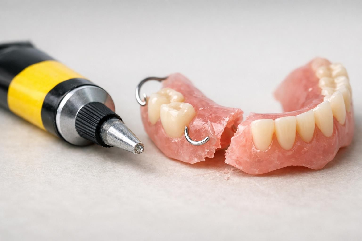 Tube de colle forte posé à côté d'un dentier cassé, geste à éviter