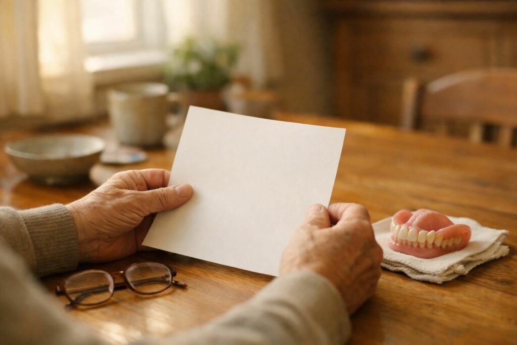 Senior lisant un document de mutualité à côté d'une prothèse dentaire à la maison