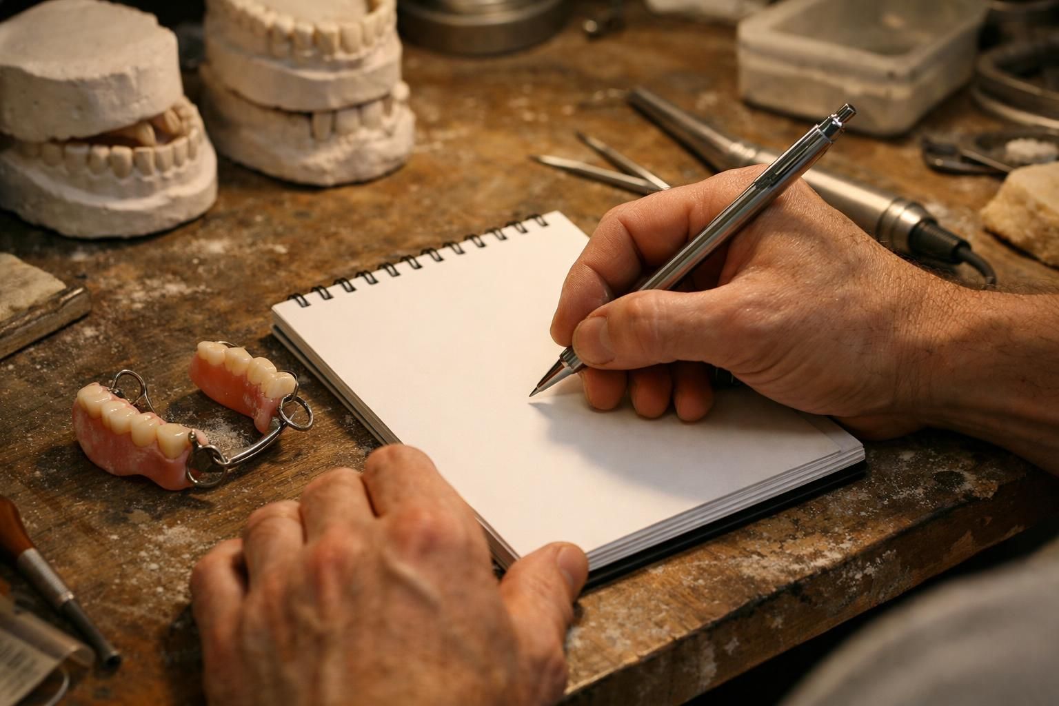 Prothésiste préparant un devis de réparation de prothèse au laboratoire