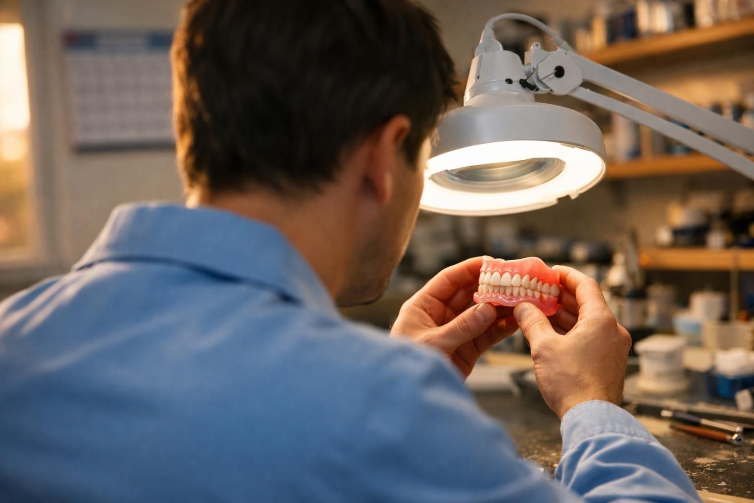 Prothésiste examinant une prothèse amovible sous une lampe de laboratoire