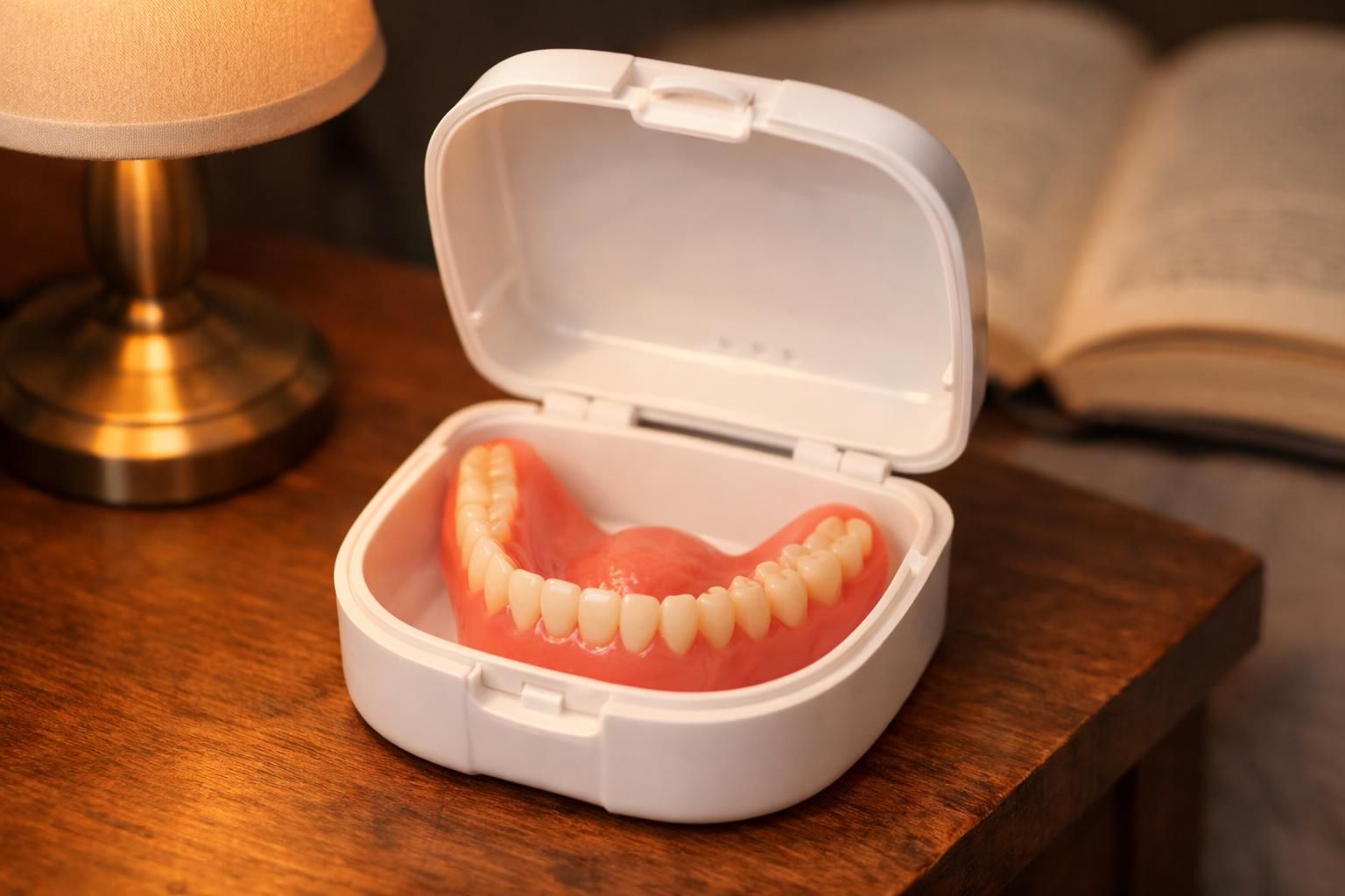Prothèse dentaire complète rangée dans sa boîte sur une table de chevet