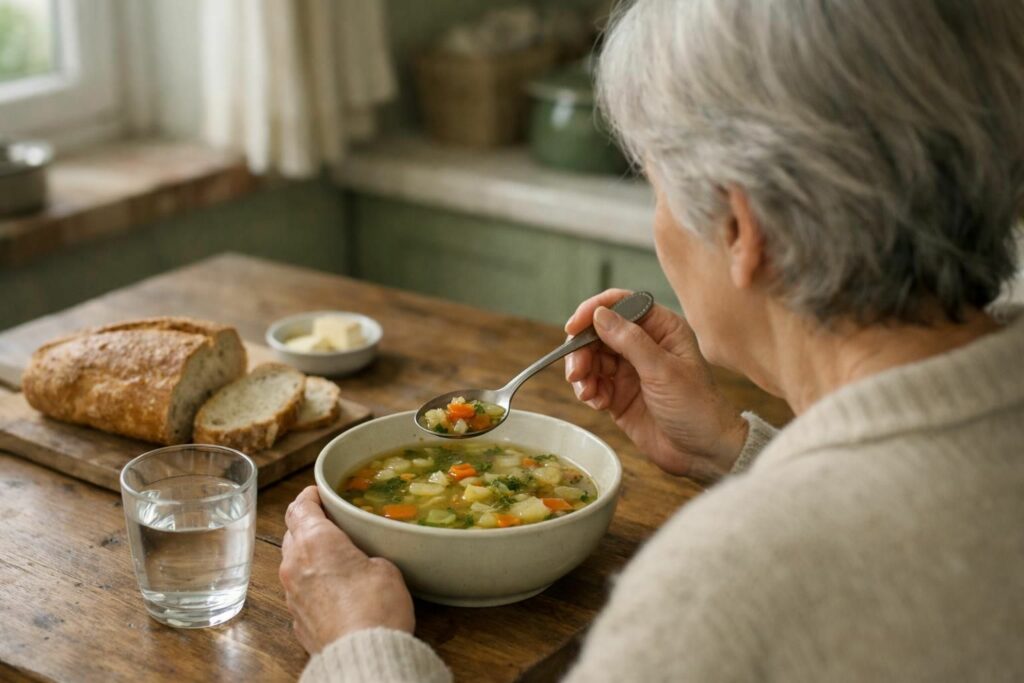 Personne âgée mangeant une soupe en attendant la réparation de sa prothèse