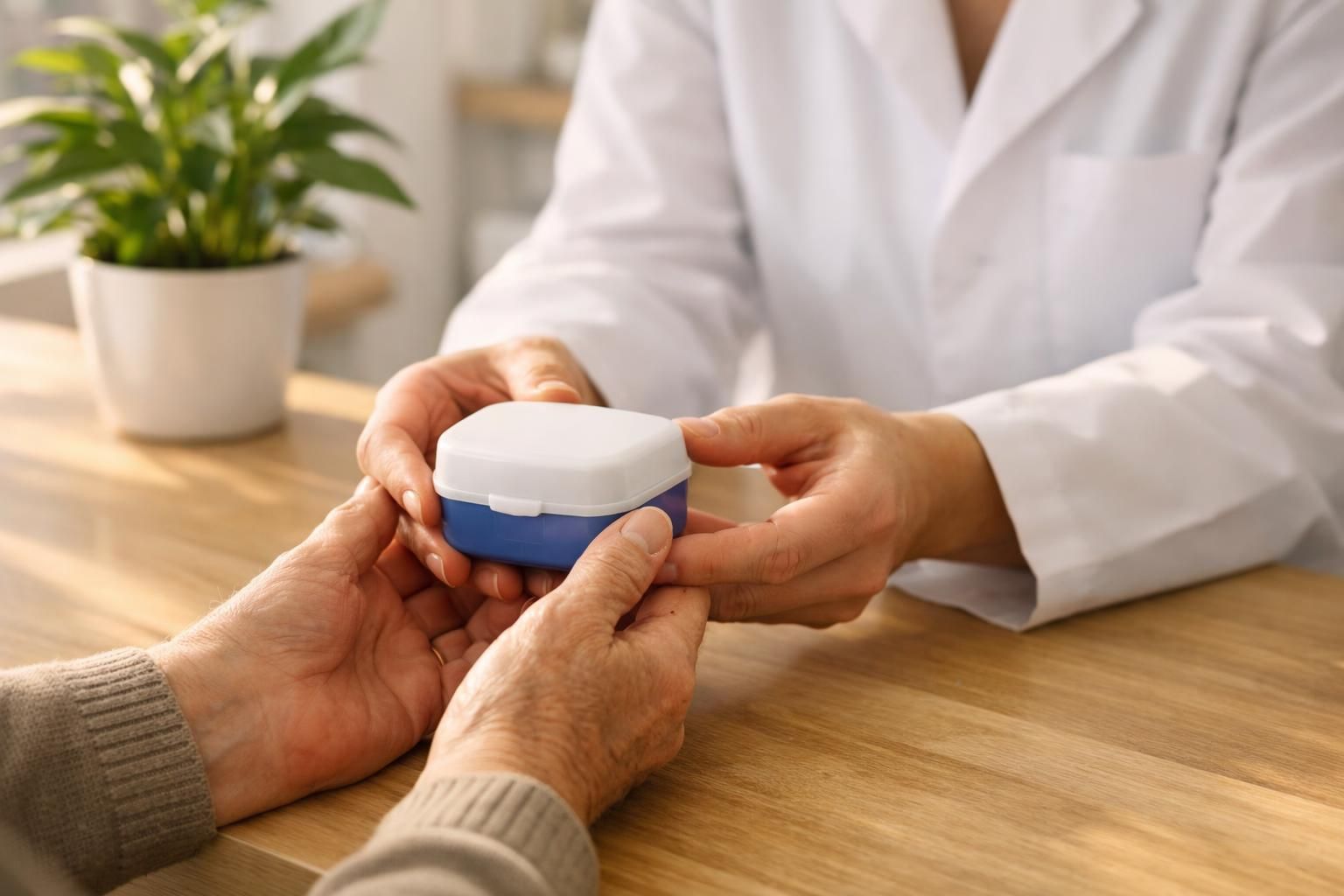 Prothésiste rendant une prothèse réparée dans sa boîte à un patient âgé
