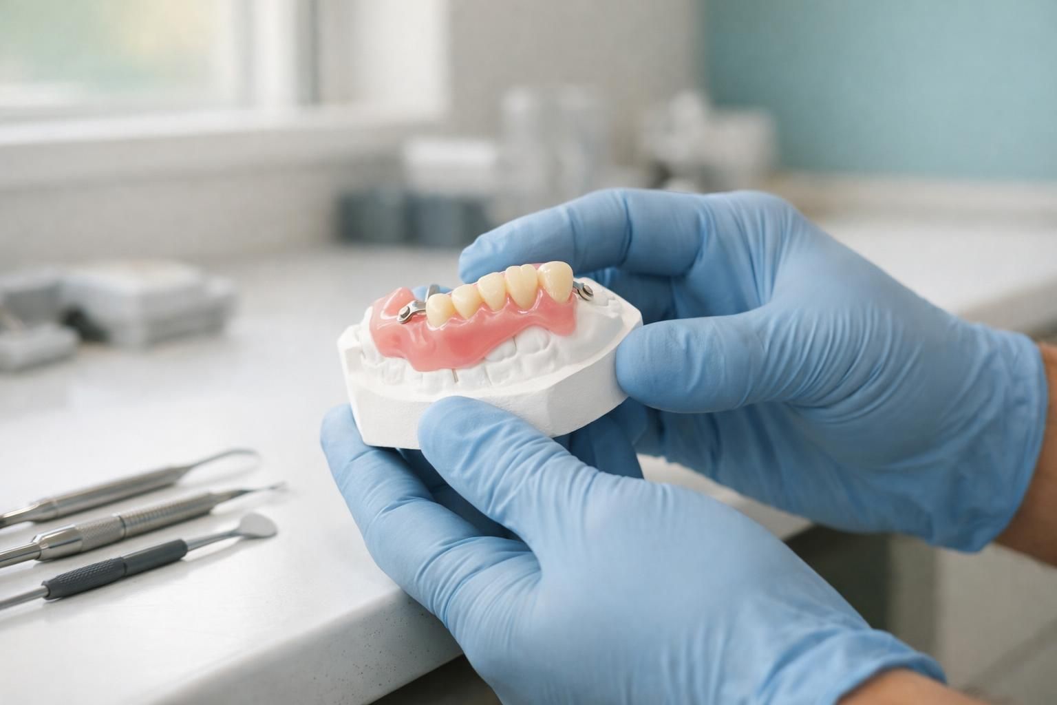 Prothésiste contrôlant l'ajustement d'une prothèse partielle sur un modèle en plâtre