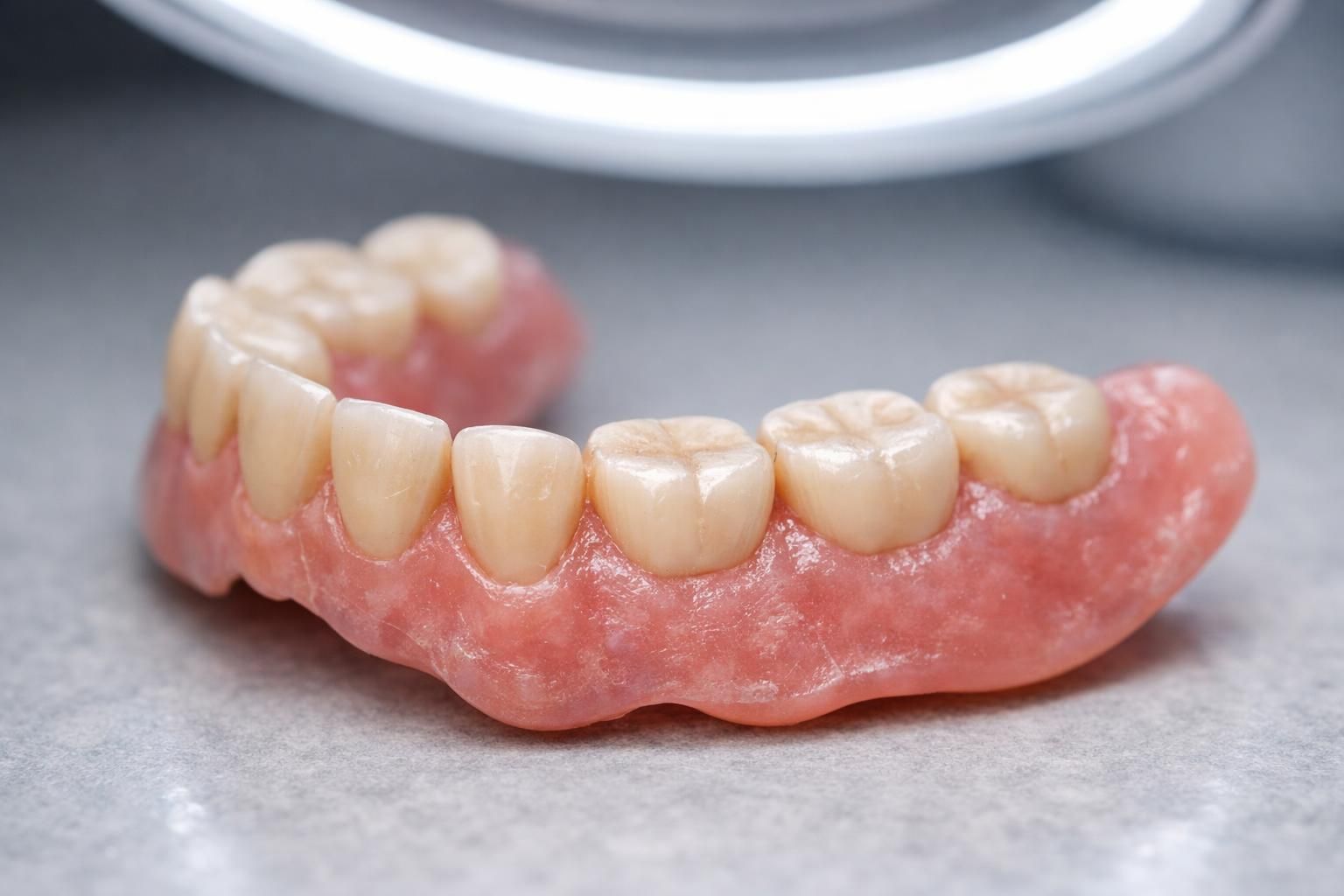 Gros plan d'une prothèse dentaire ancienne aux dents artificielles usées