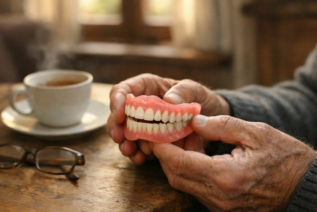 Mains d'une personne âgée tenant son dentier près d'une fenêtre