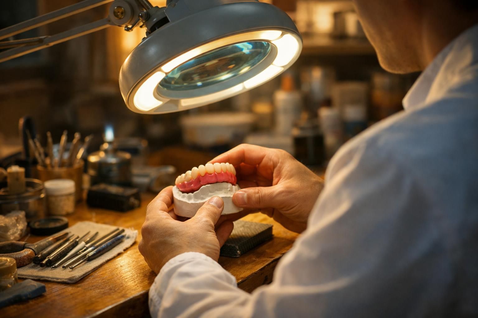 Prothésiste contrôlant l'ajustement d'une prothèse sur un modèle en plâtre au laboratoire