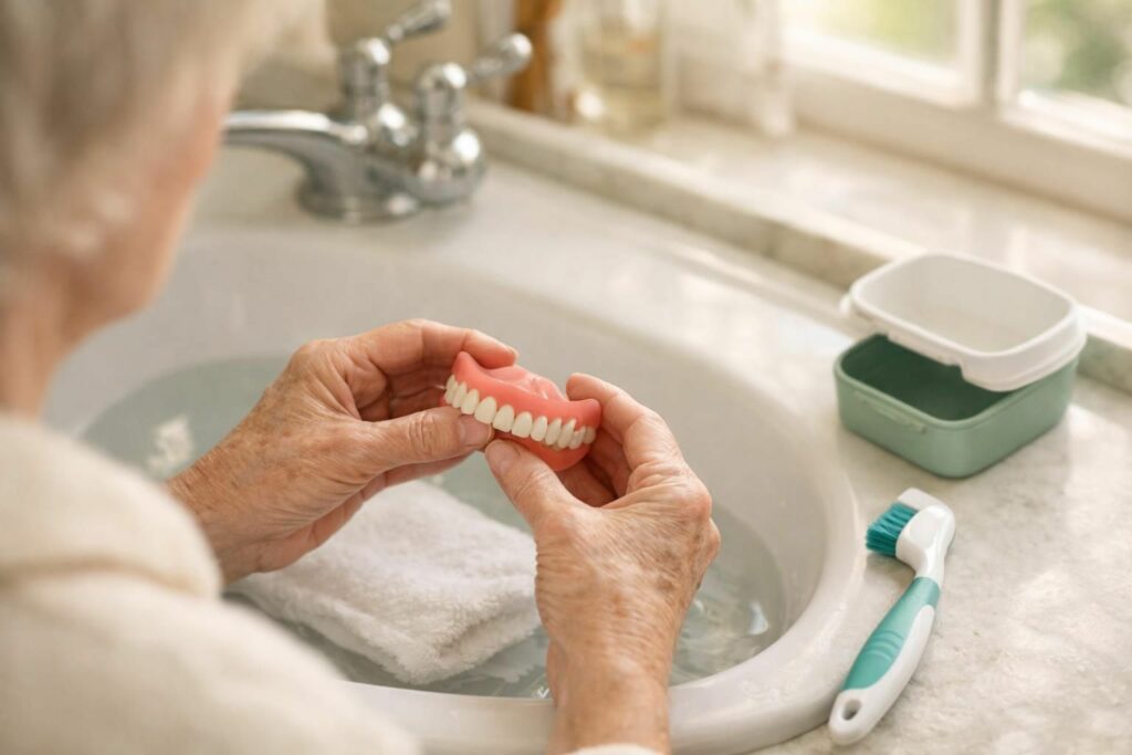Senior manipulant sa prothèse dentaire au-dessus d'un lavabo rempli d'eau