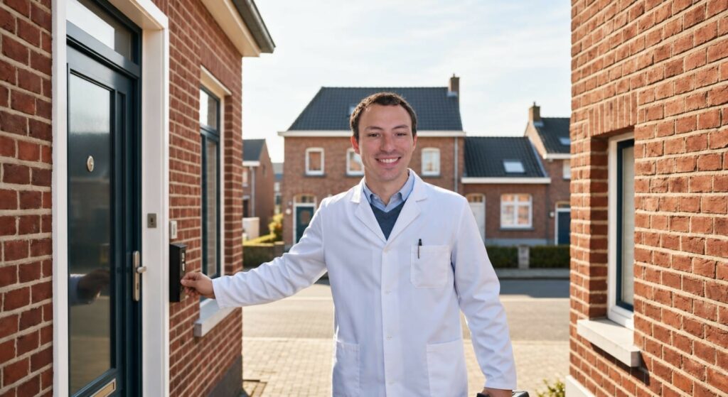 Gaëtan Vanelven, prothésiste, arrivant à domicile pour réparer une prothèse