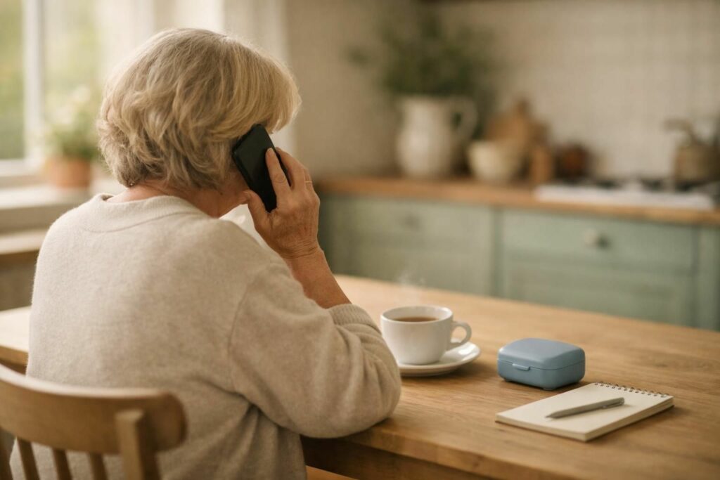 Senior au téléphone pour faire réparer sa prothèse dentaire cassée