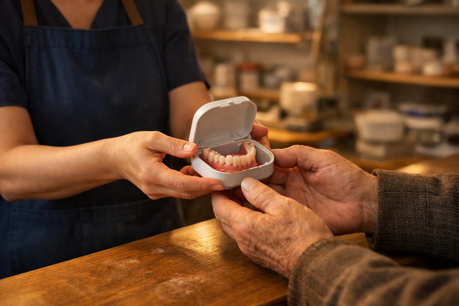 Prothésiste rendant un dentier réparé à son patient au laboratoire