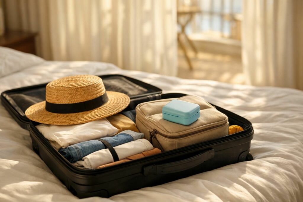 Valise de vacances ouverte avec une boîte de rangement pour prothèse dentaire