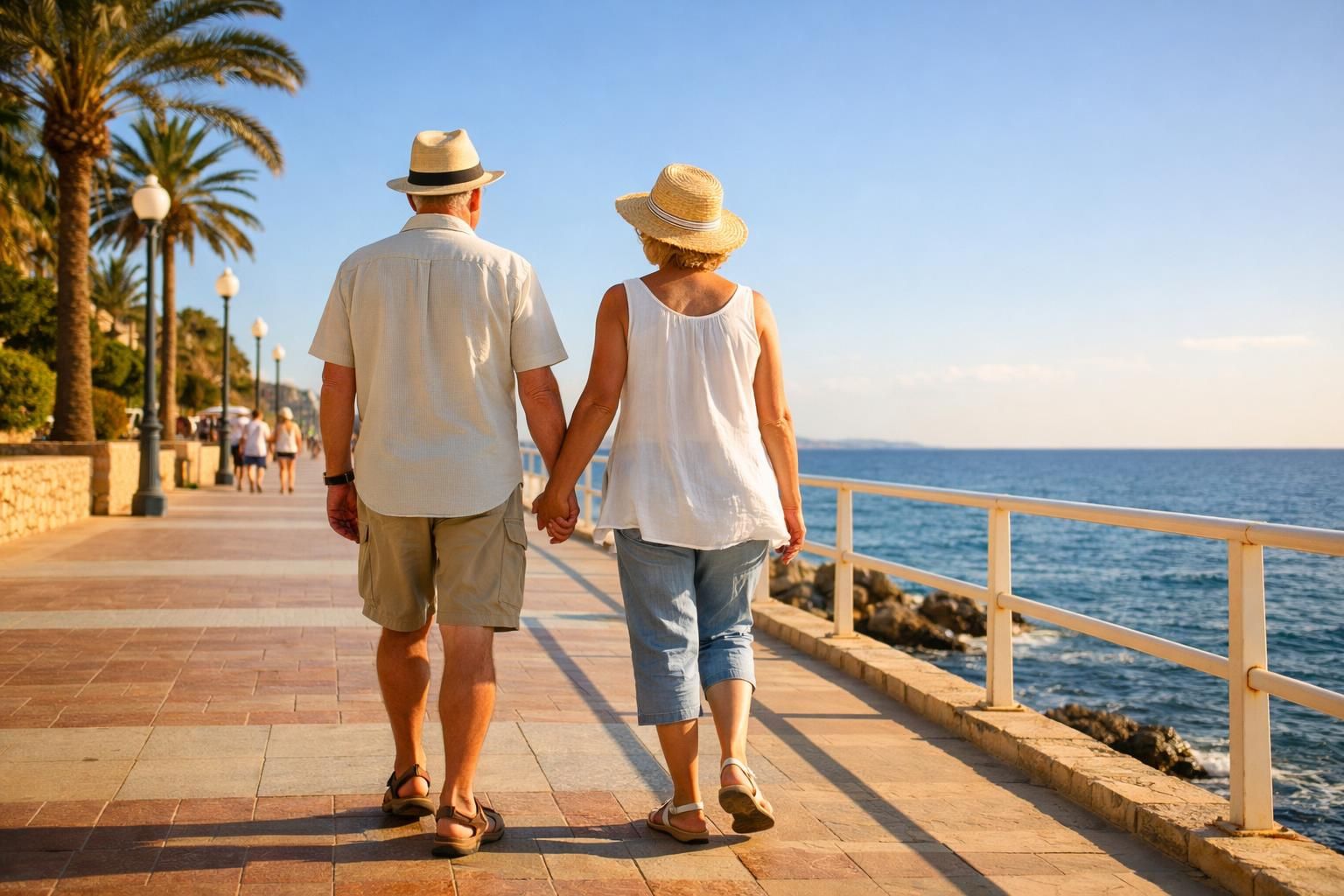 Couple de seniors en vacances se promenant au bord de la mer