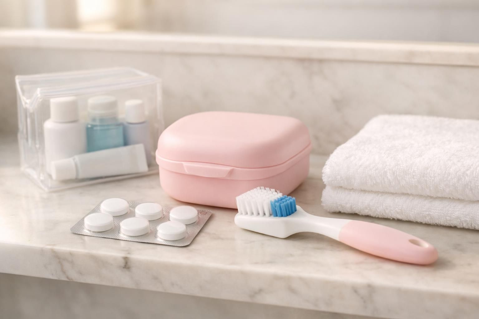 Trousse de voyage pour prothèse dentaire avec boîte, brosse et comprimés nettoyants
