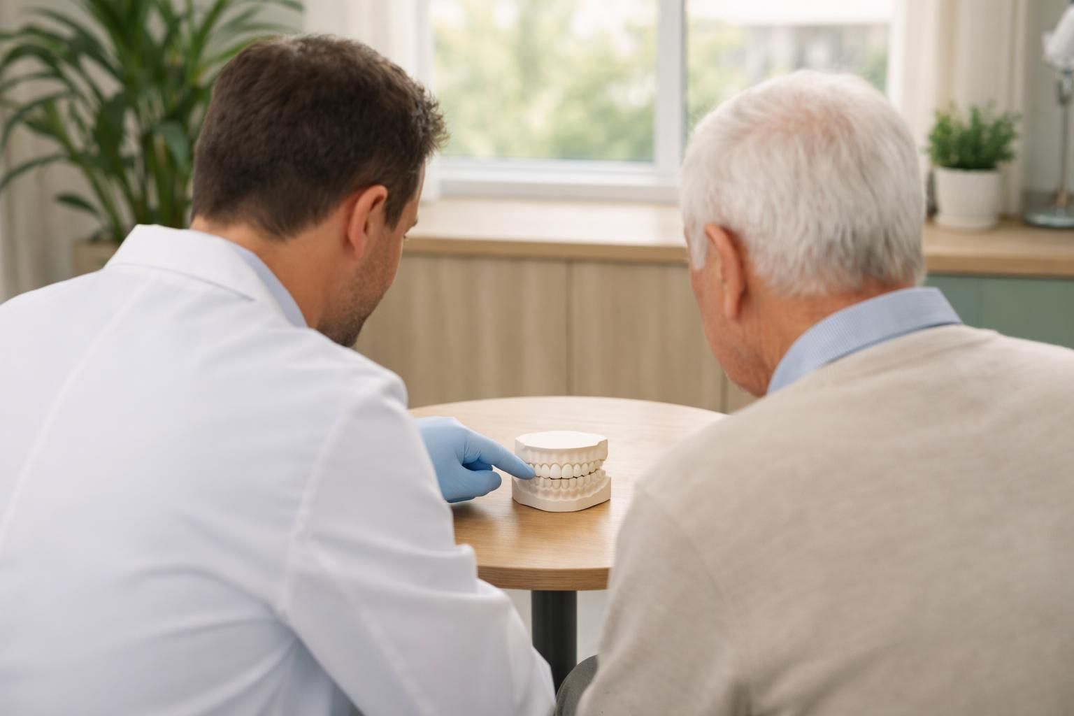Dentiste expliquant les options de réparation à un patient senior au cabinet