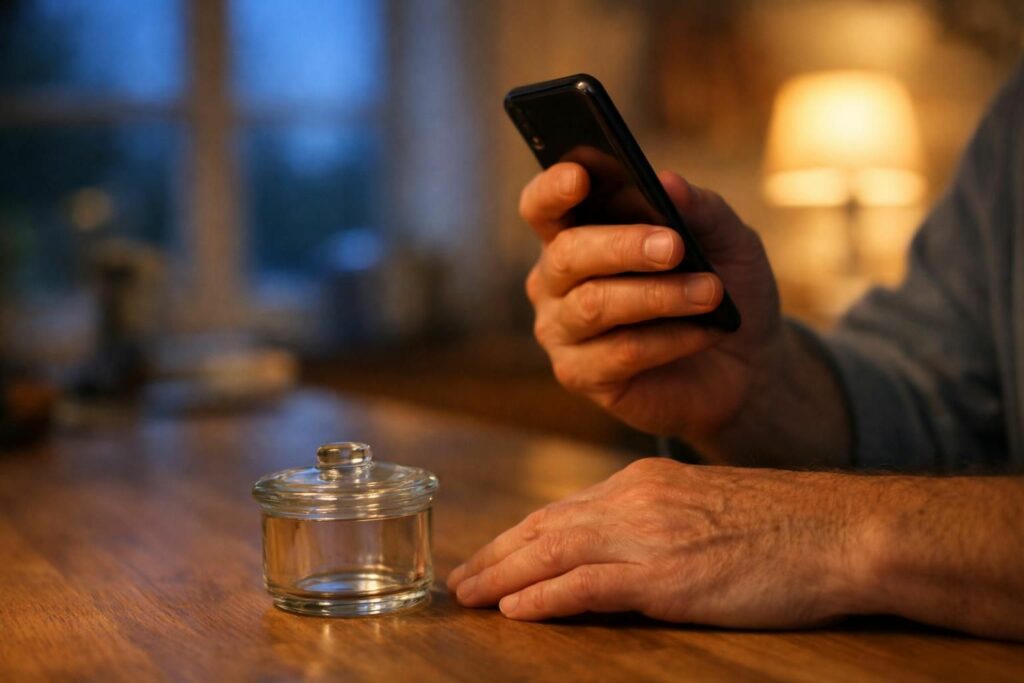 Personne téléphonant le soir pour un bridge dentaire décollé
