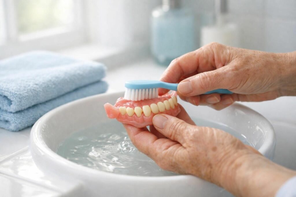 Mains brossant une prothèse dentaire avec une brosse souple au-dessus d'un lavabo