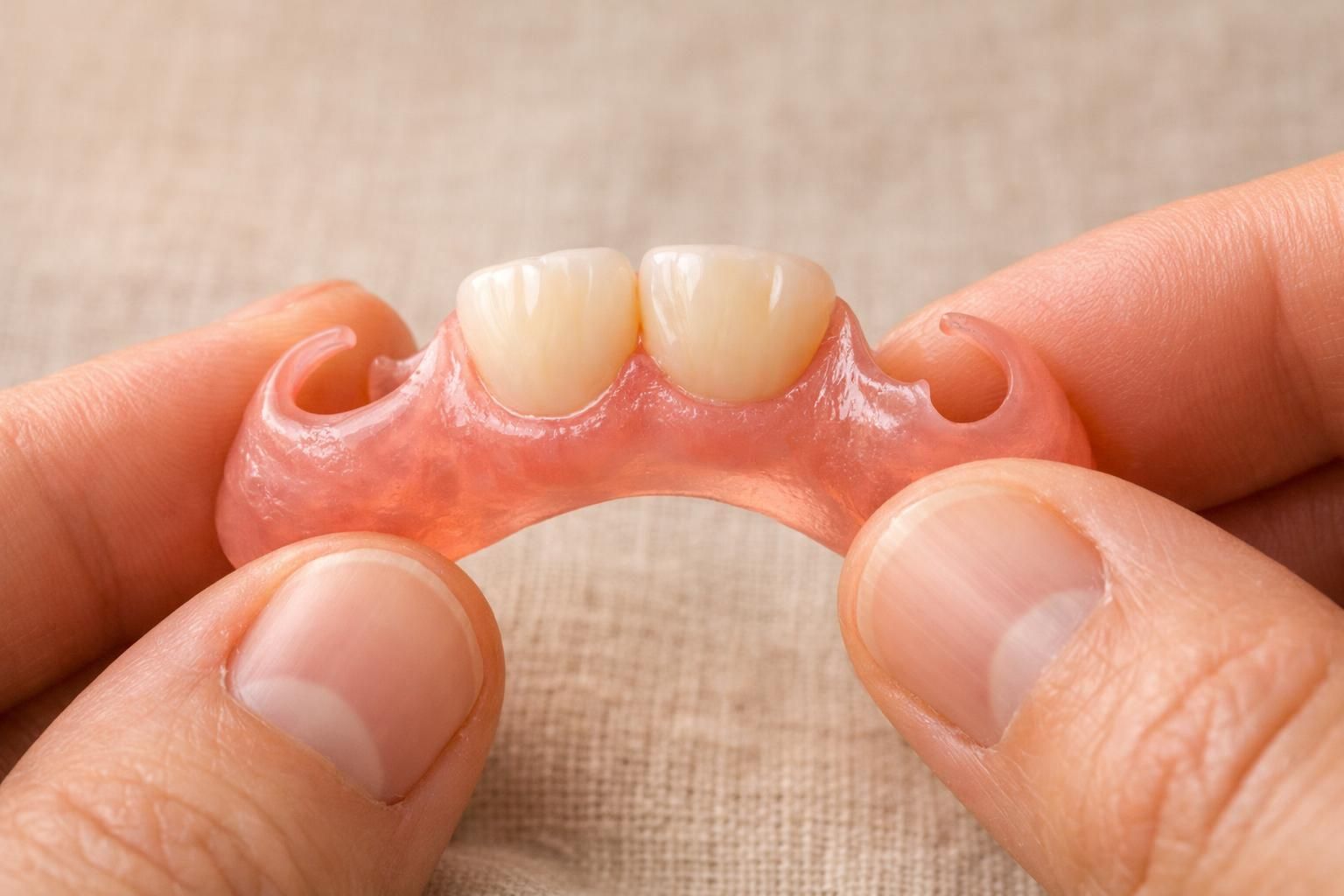 Prothèse partielle flexible en nylon pliée entre deux doigts